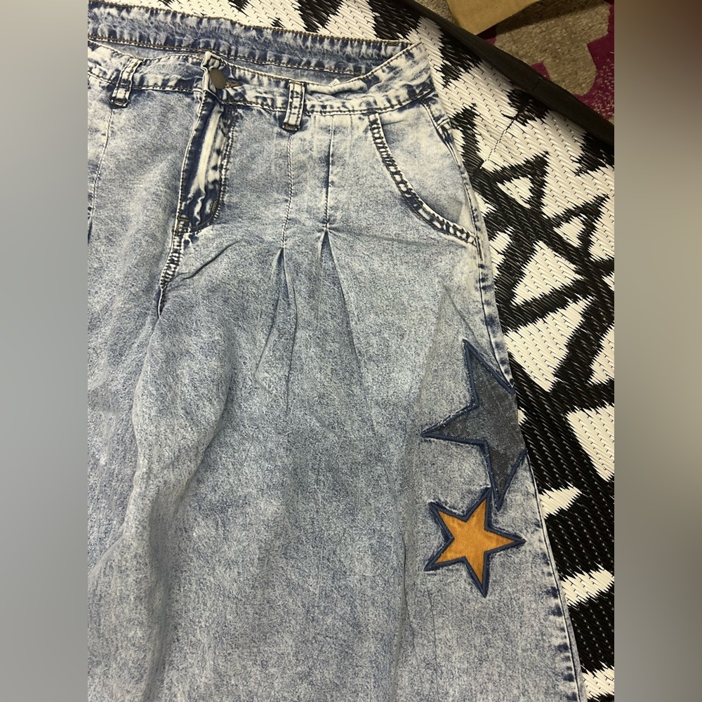 NWOT Bohemela Acid Wash Wide Leg Pants With Star Patch Details Size L - Picture 10 of 15